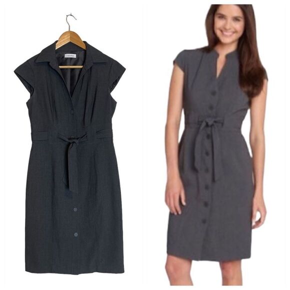 Calvin Klein Black Button Up Cap Sleeve Dress in Charcoal - Picture 1 of 15